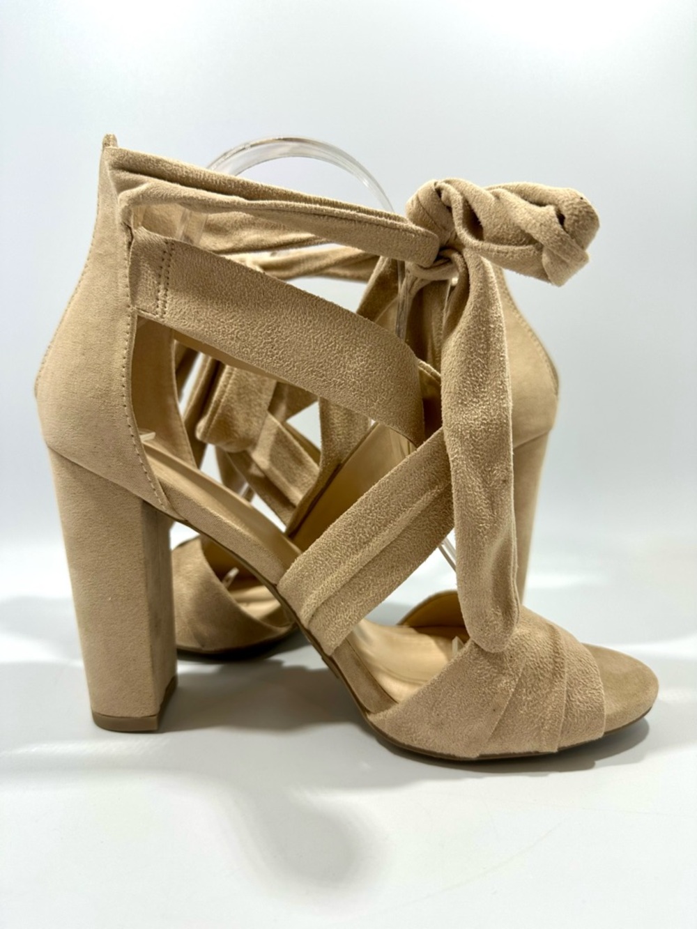 Wild Diva Natural Block Heel Sandals with Ankle Tie 8 New - Picture 2 of 9